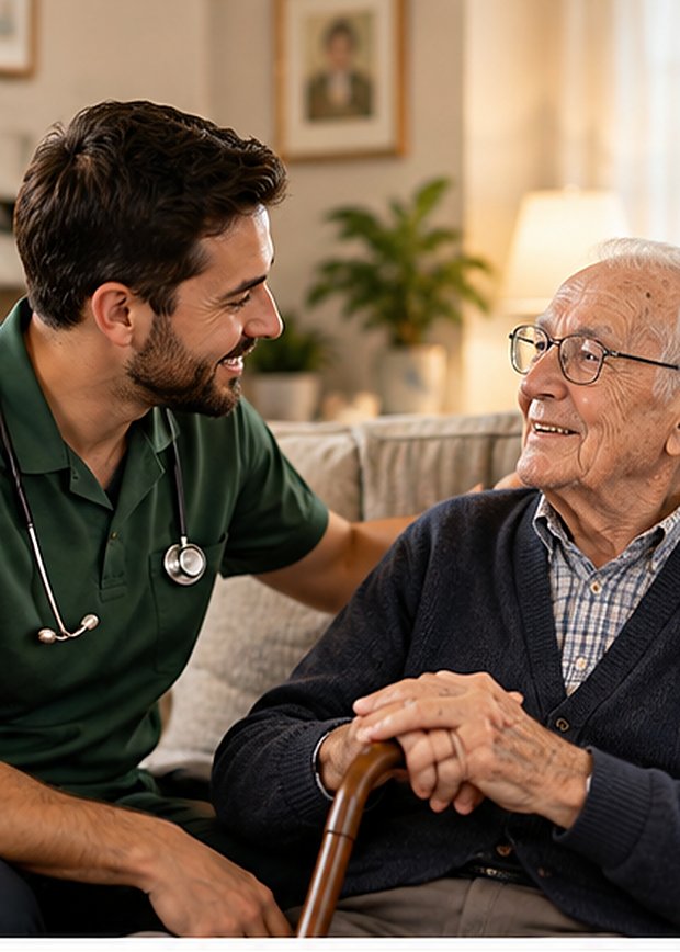 A carer chatting with an older gentleman in his living room