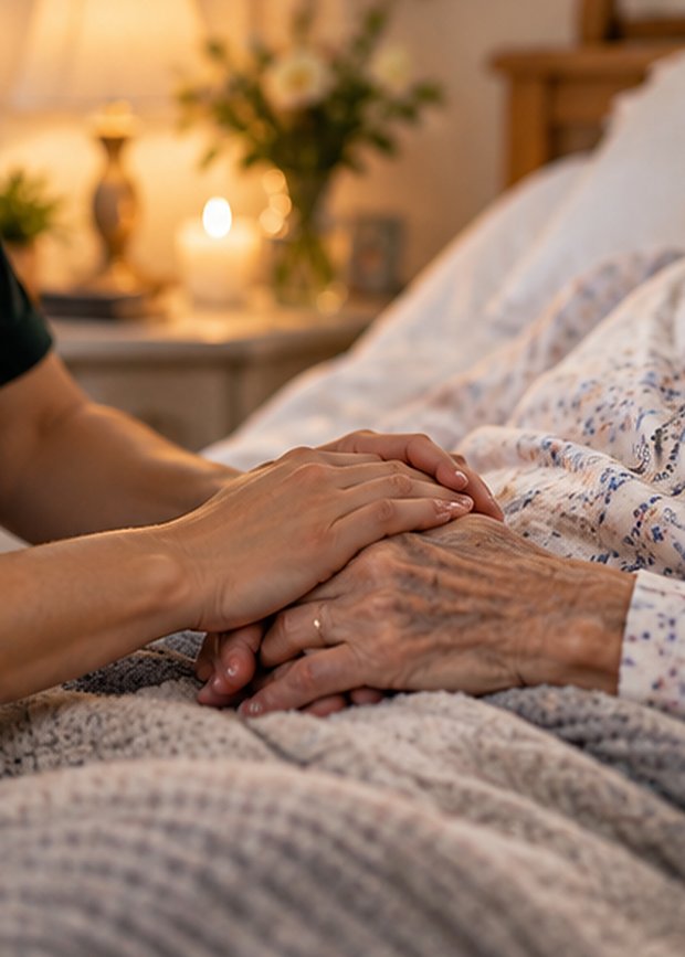 A carer gently holding the hand of an older person resting in bed