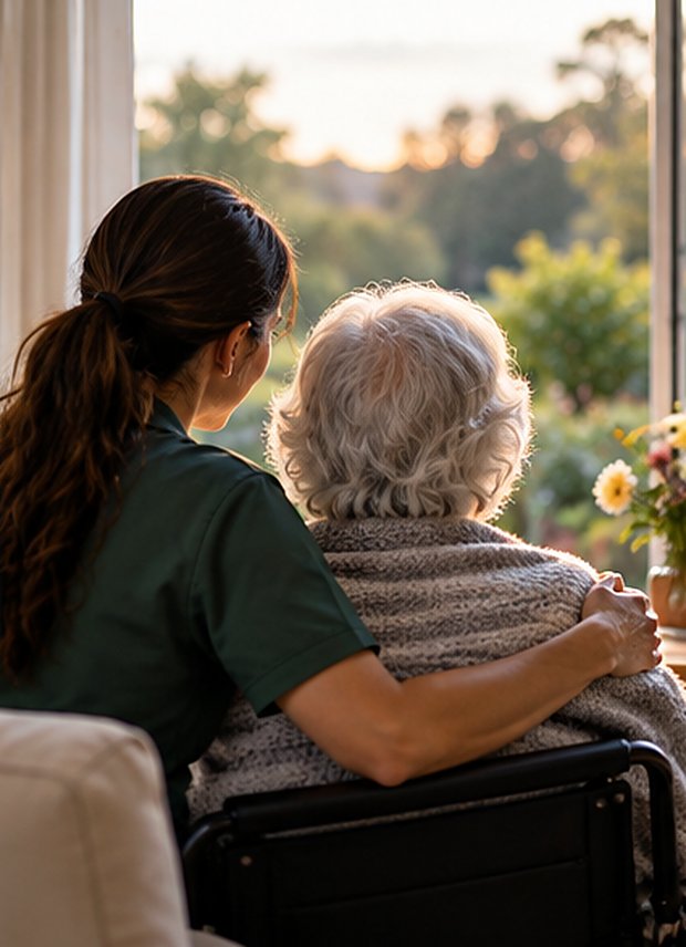 A carer sitting with an older person, looking out at the garden together
