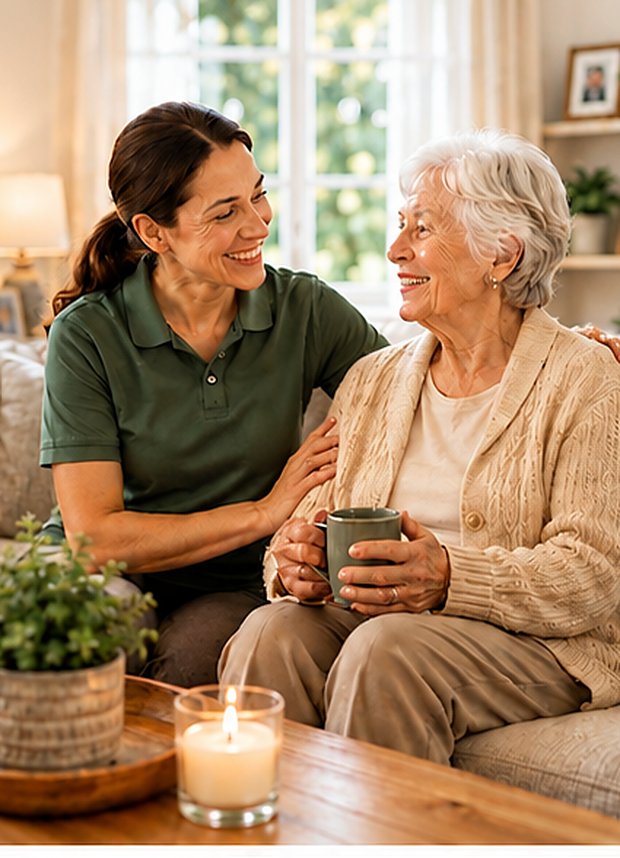 A Balfor care professional sharing a warm moment with an older lady on her sofa at home