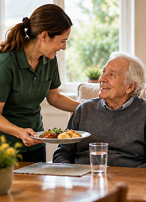 A live-in carer sharing a cup of tea and a laugh with an older lady