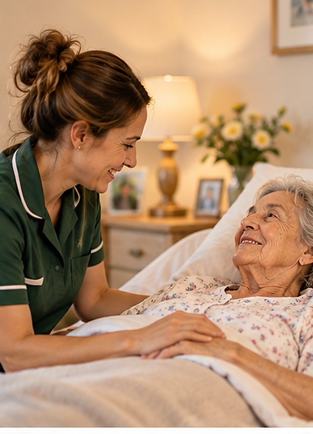 A carer sitting with an older lady in bed during a night visit